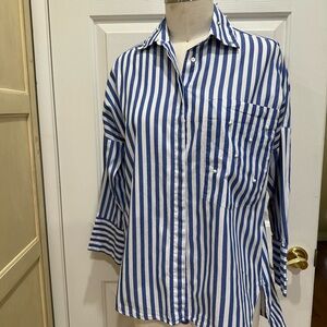 Zara Men's Blue and White Striped Casual Shirt